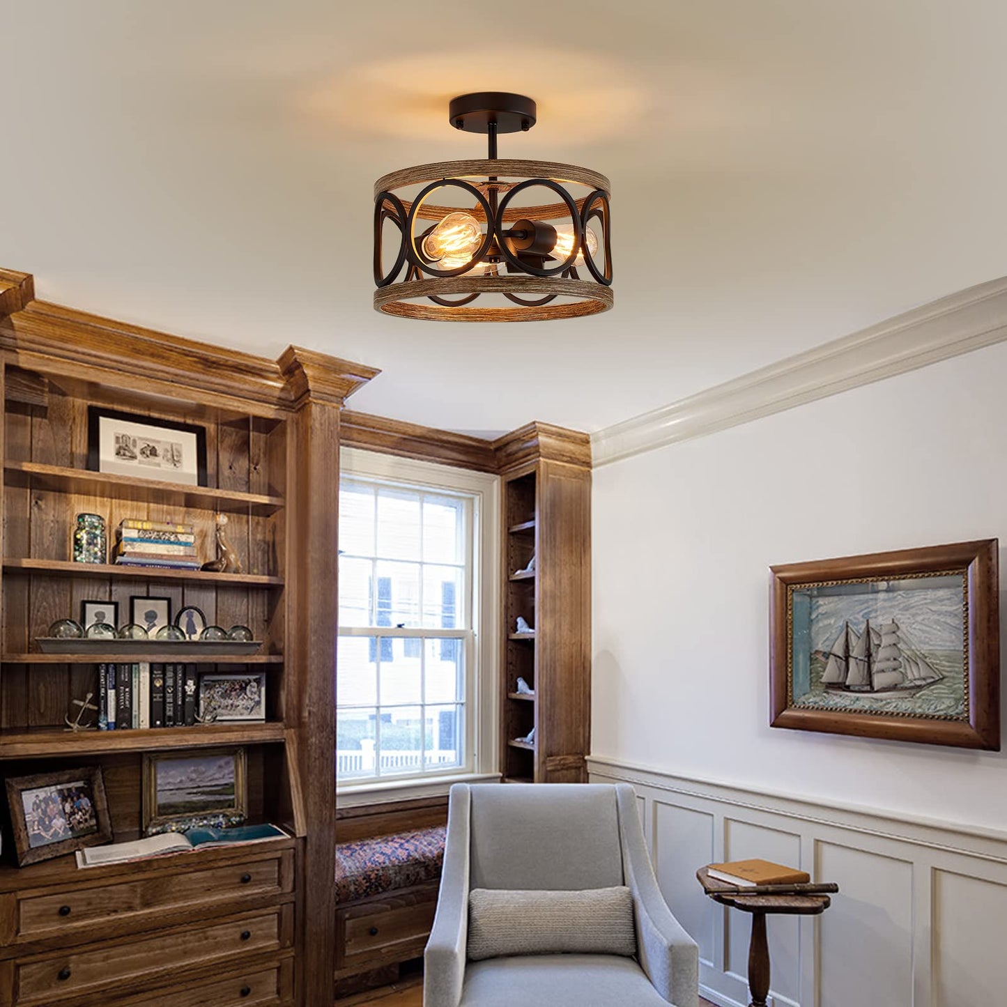 MEIXISUE Semi Flush Mount Modern Farmhouse Ceiling Light Fixtures,3-Lights Black and Retro Wood Finish,Drum Shade Rustic Light Fixtures for Entryway Hallway Foyer Kitchen Dining Room Bedroom