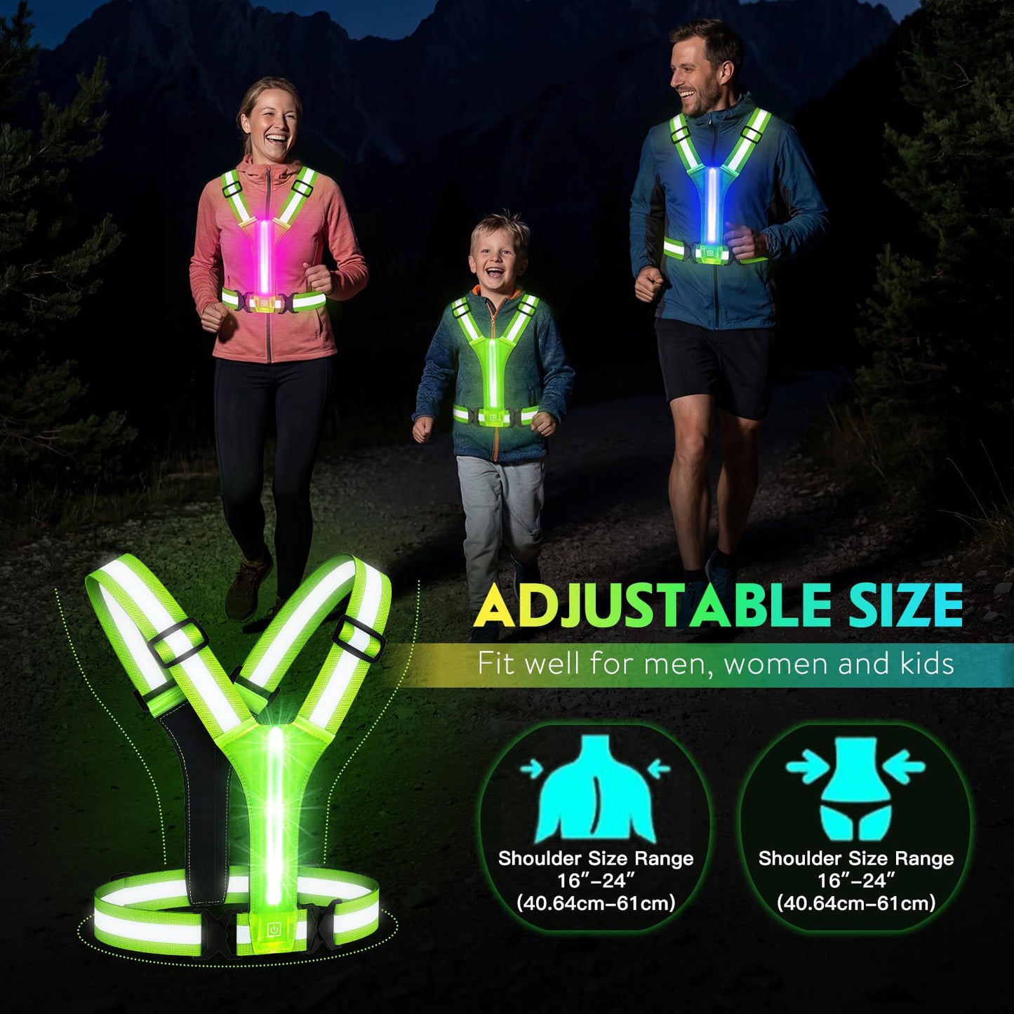 LED Reflective Running Vest, High Visibility Light Up Safety Vest with 3 Light Modes & 6 Light Colors, Rechargeable USB-C Adjustable Lightweight Night Running Gear for Men Women Cycling Walking