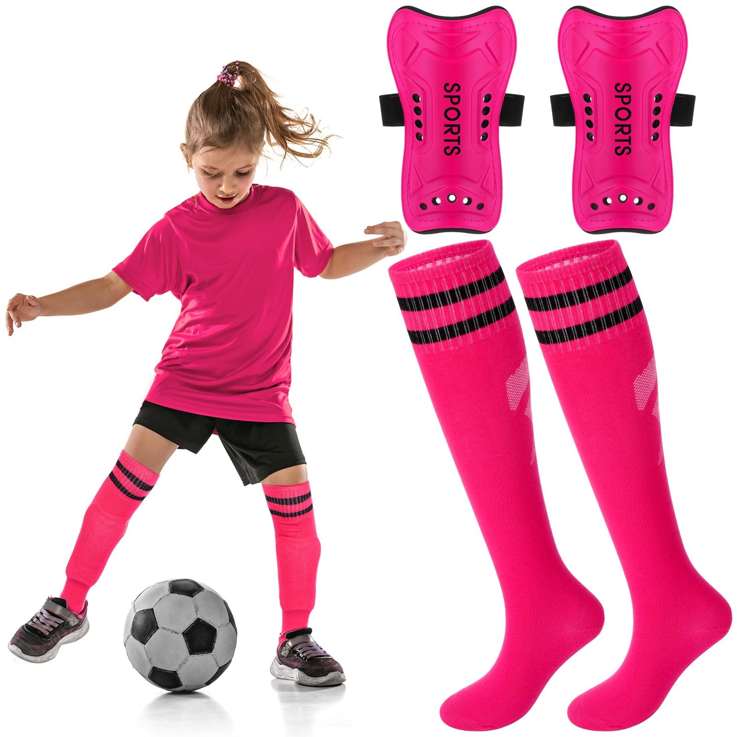 Syhood Soccer Shin Guards and Socks for Toddler Kids Youth, Lightweight Soccer Shin Pads Protective Defender Gear for 3-5, 5-10, 10-15 Years Old Children Teen Boys Girls Sports Game(M Size,Pink)
