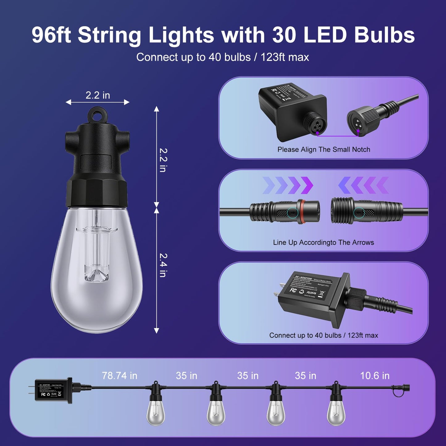 LSODLX Outdoor String Lights 96ft(2×48ft), Patio Lights with 30 Dimmable LED Bulbs, RGBW & Warm White, IP66 Waterproof, Shatterproof, APP & Remote Control, Color Change, Customizable for Backyard