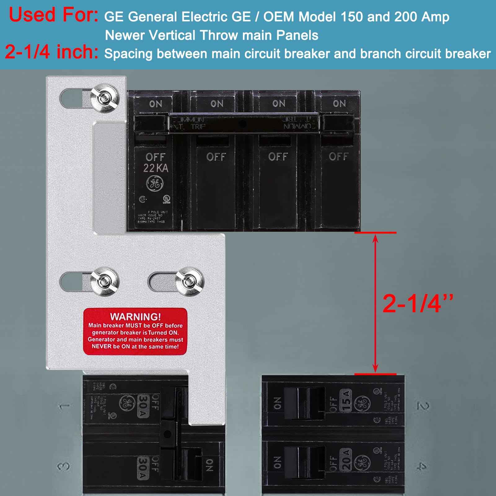 Generator Interlock Kit for GE General Electeric 200 Amp or 150 Amp Vertical Main Breaker Panels, 2 1/4 Inch Spacing Between Main and Branch Breaker, Vertical Interlock Kit