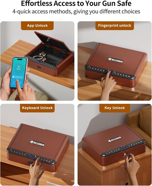 BILLCONCH Gun Safe - Biometric Pistol Safe with 4 Quick Access Methods | Antique Bronze Finish