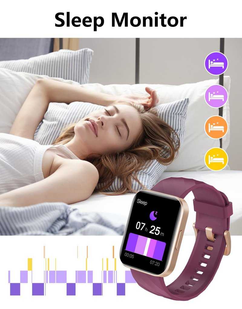Smart Fitness Tracker Watch with Bluetooth Call, 1.85-inch Display, Heart Rate Monitor, Sleep Tracking, Purple, IP68 Waterproof, for Women