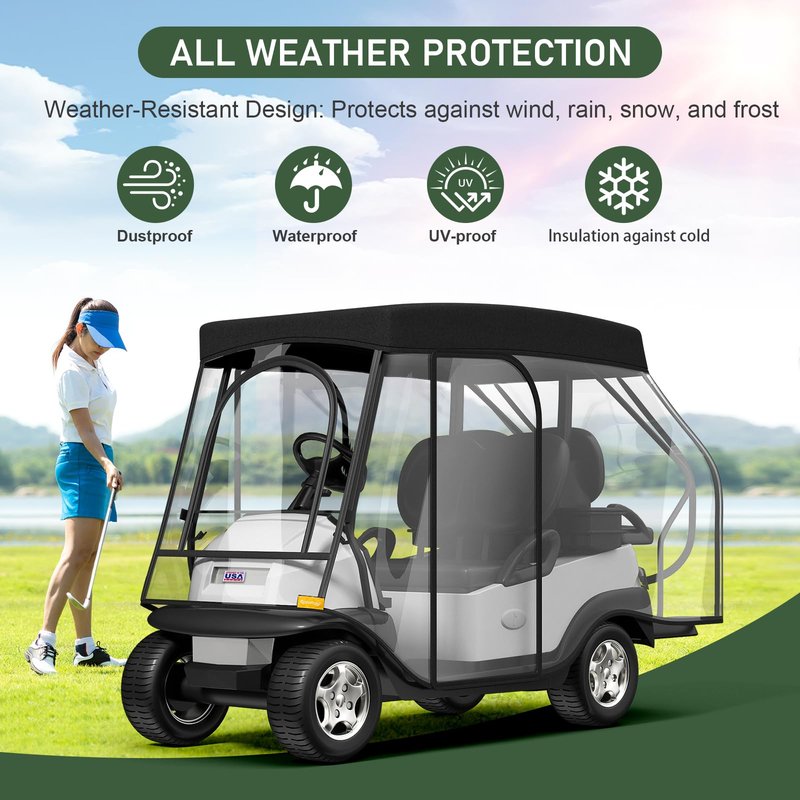 Rosefray Golf Cart Enclosure with 4 Sided Clear PVC Windows, 2+2 Golf Cart Drivable Enclosure Rain Cover , Short Roof 58" , Durable Door Zipper - (4 Seater Golf Cart Cover)-Black