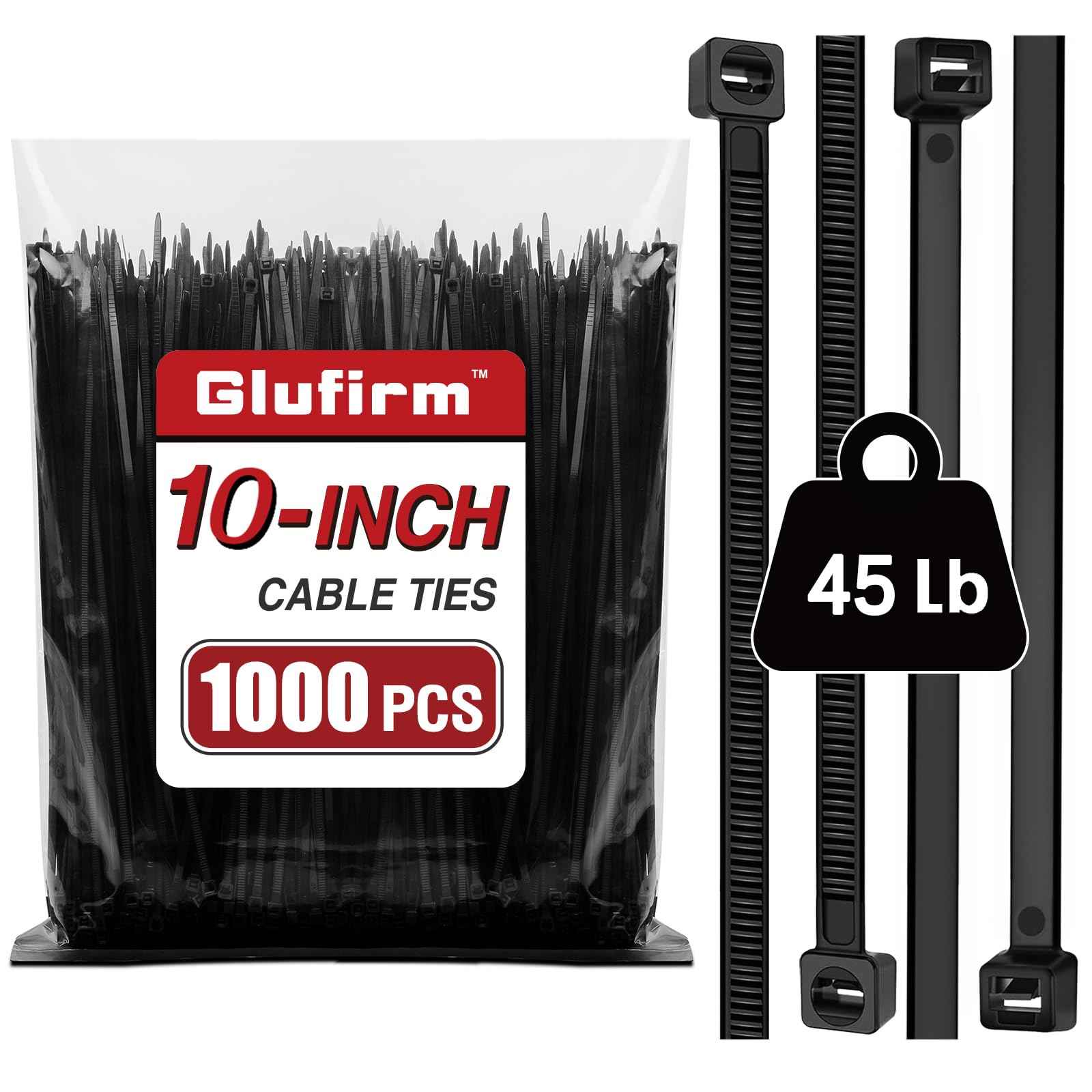 Zip Ties 10 inch (1000 Pack), Black Cable Ties, 45lb Tensile Strength, Wire Ties, Glufirm