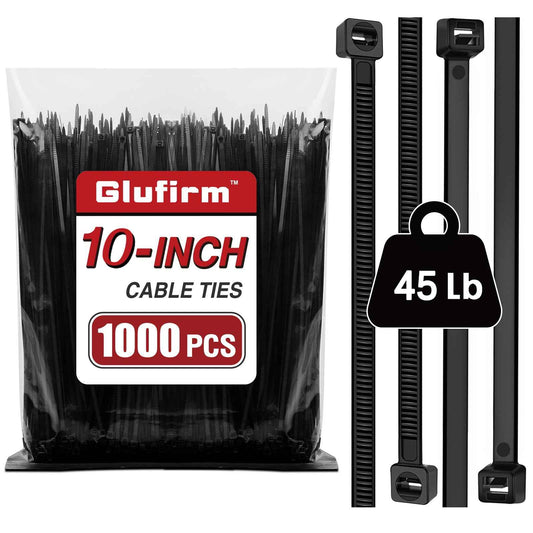 Zip Ties 10 inch (1000 Pack), Black Cable Ties, 45lb Tensile Strength, Wire Ties, Glufirm