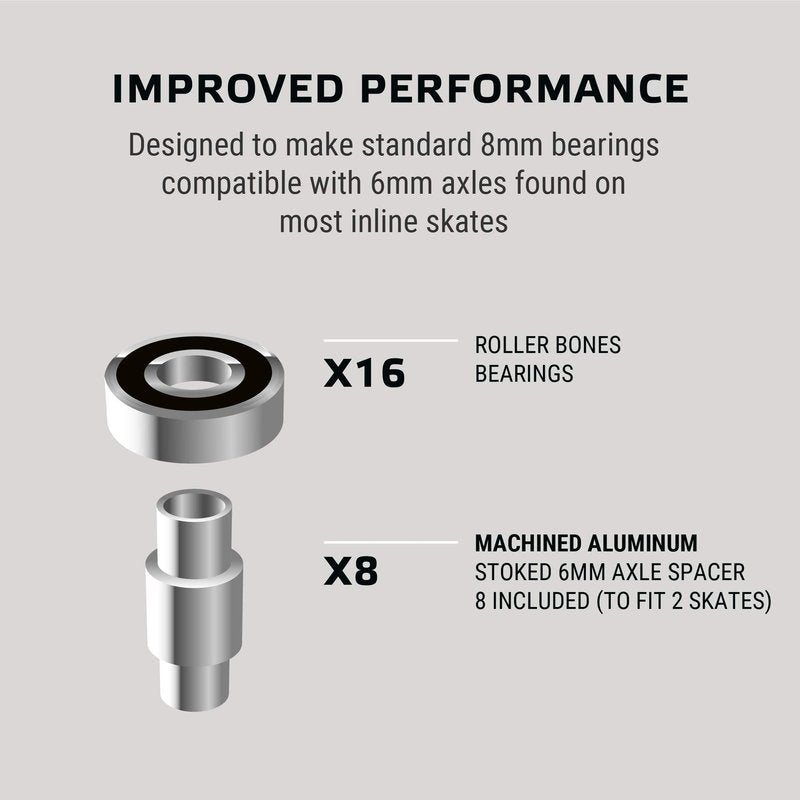 Rollerbones Bearings 8mm 16 Pack - w/ Dragon Spacers - Bones Bearings Roller Bearing Set for Roller Derby Inline Skates (608, w/ 6mm Spacers)