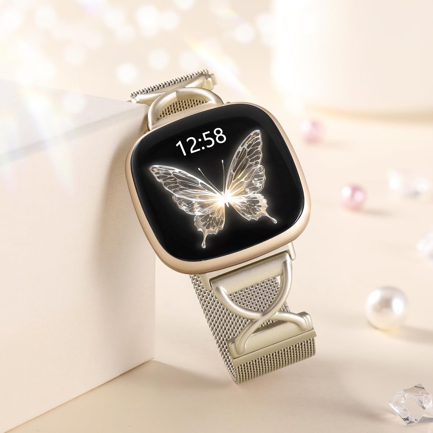 JKD Metal Bands Compatible with Fitbit Sense 2/Versa 3/Sense/Versa 4 Bands for Woman Men, X-Shape Stainless Steel Strap Mesh Replacement for Fitbit Versa 4/Sense 2 Smartwatch, Champagne Gold