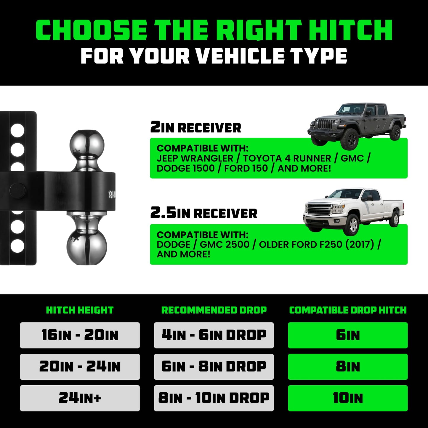 Rhino USA Adjustable Trailer Hitch (2in Receiver) - 6in Drop/Rise
