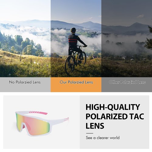 MMOWW Polarized Sports Sunglasses for Men Women Cycling Glasses Wrap Around UV400 Protection Running Driving Fishing, White/Pink