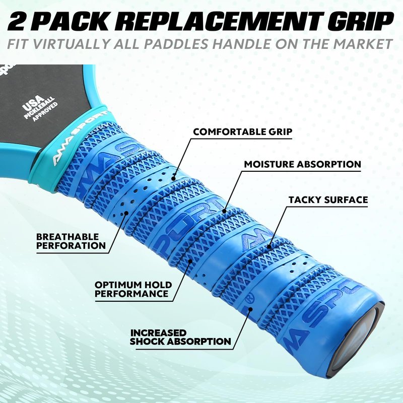 AMA SPORT Pickleball Paddle Grip Tape 2 Pack Pickleball Overgrip Replacement Grip Wrap for Pickleball Rackets Anti-Slip Grip Ridge Easy Installation and Long-Lasting Performance (Blue)