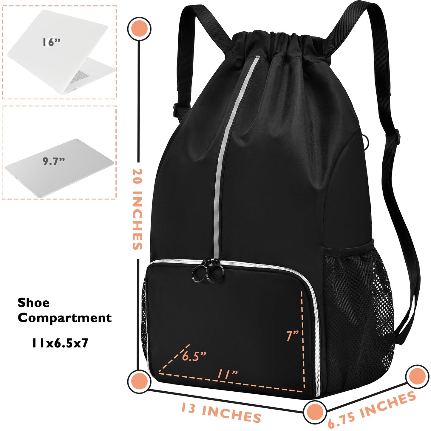 GiMiUiTo Large Waterproof Drawstring Backpack Bag with Separate Shoe Compartment,Sports Backpack for Gym, Sports,Travel,Black