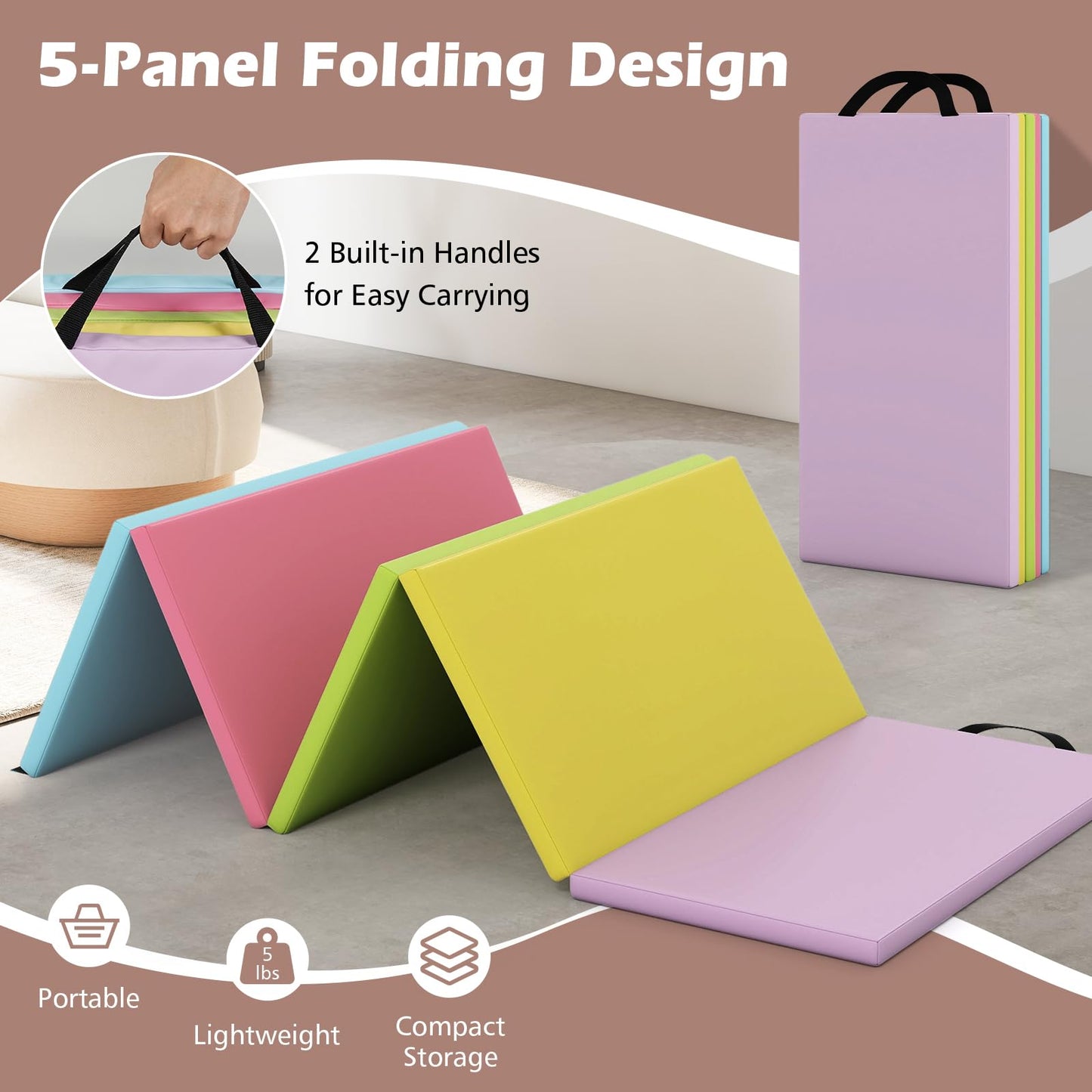Goplus Gymnastics Mat, 6.6'x2.5' 5-Panel Folding Tumbling Mat w/Carrying Handles, Hook&Loop Fastener, Portable PU Leather Rainbow Exercise Mat for Home Gym Aerobics Yoga