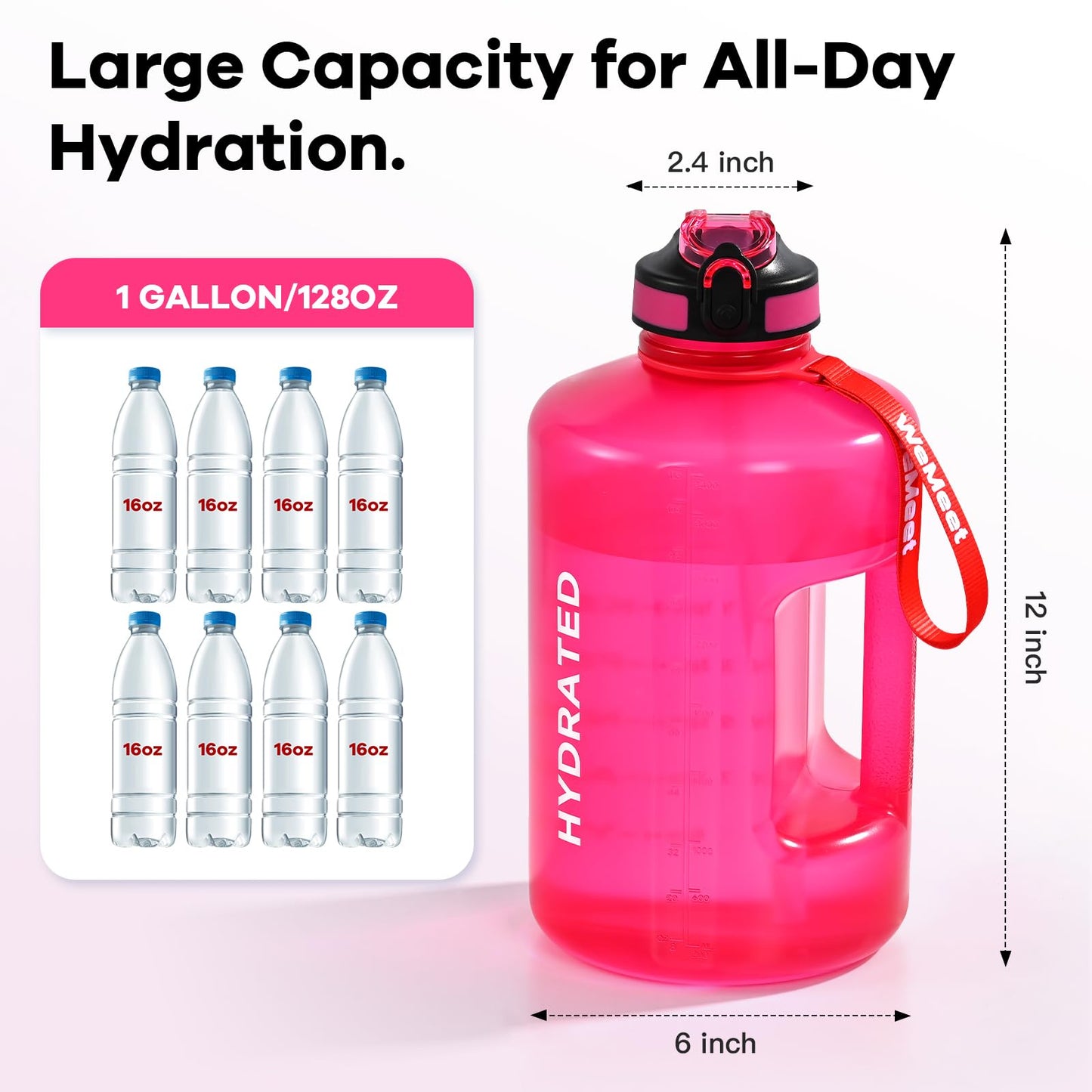 WEMEET Motivational Gallon Water Bottle, BPA Free, Large Sport Water Jug with Handle & Straw, for Fitness, Outdoor, Gym, Travel, Camping, Office (Pink)