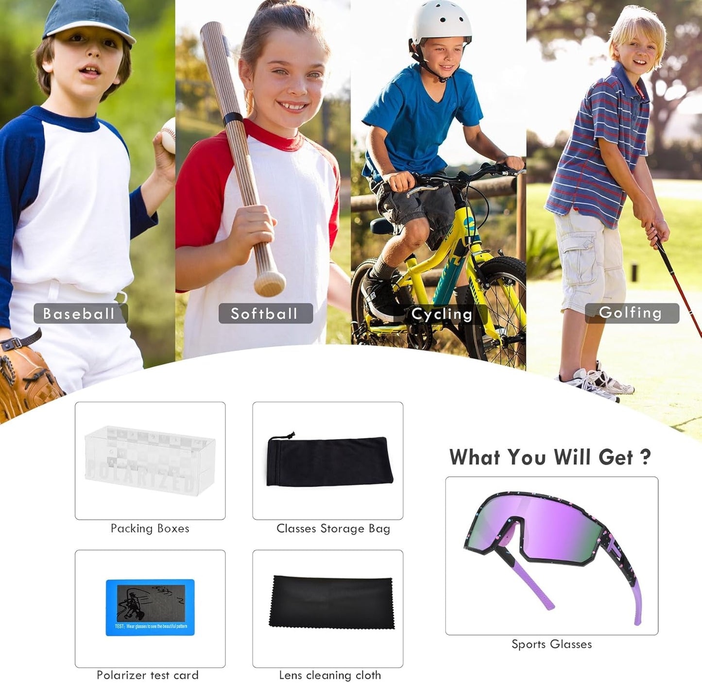 MVPTGRS Youth Baseball Sunglasses - TR90 Frame Sports Eyewear for Boys & Girls Age 8-14
