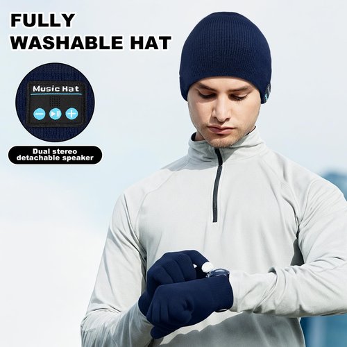 Honoson 4 Set Bluetooth Beanie Hat for Men Wireless Music Beanie with Gloves Winter Gift for Men Women Sports Winter Gift(Black, Navy)