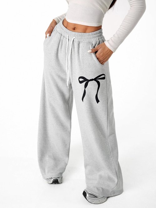 Verdusa Women's Coquette Bow Baggy Sweatpants Fitness Clothing Wide Leg Pants with Pockets Grey Small
