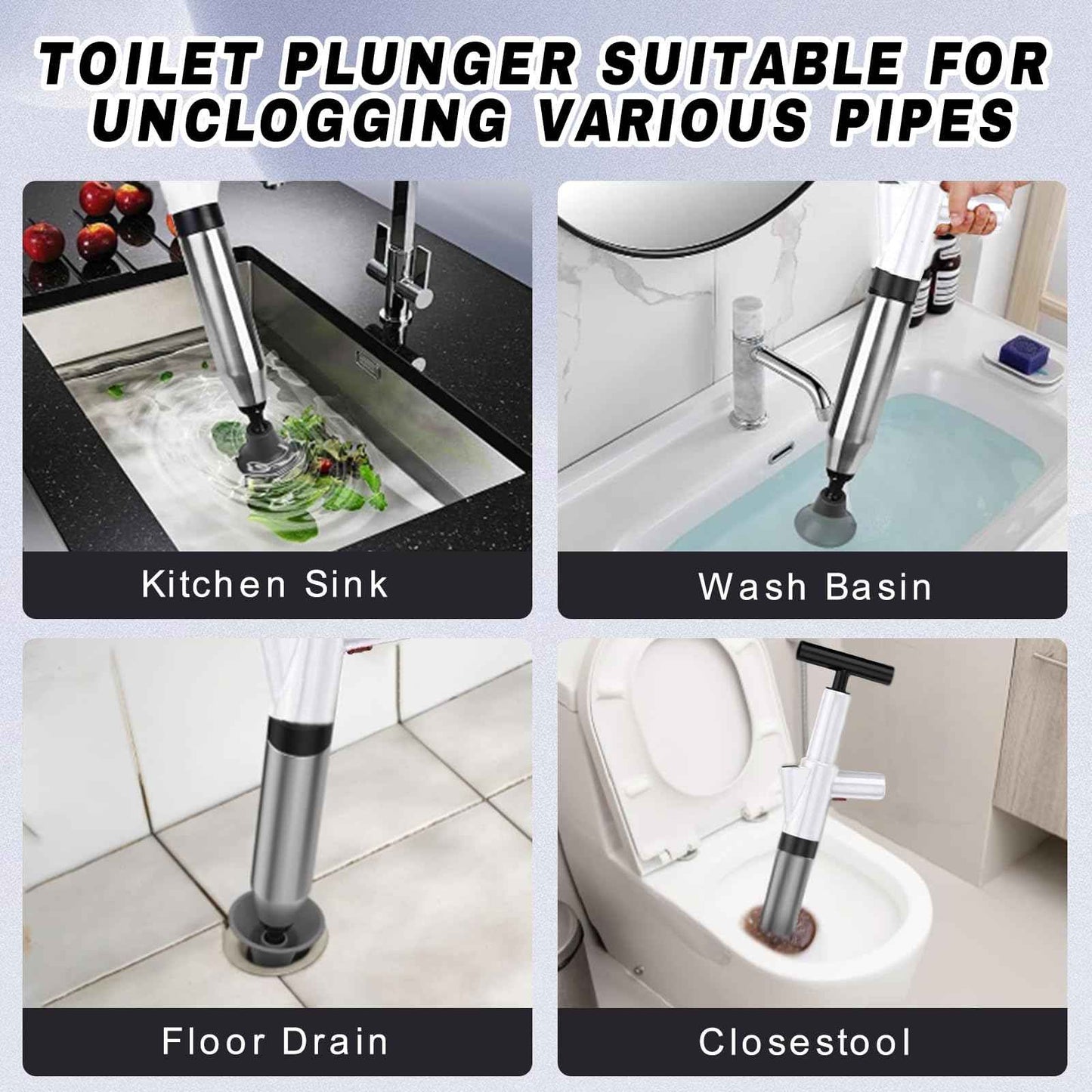 Toilet Plunger, High Pressure Air Plunger Drain Blaster with Visual Pressure Gauge, Drain Clog Removal Tool, Stainless Steel Toilet Unclogger Plungers for Bathrooms, Sinks, Kitchens, Clogged Pipe