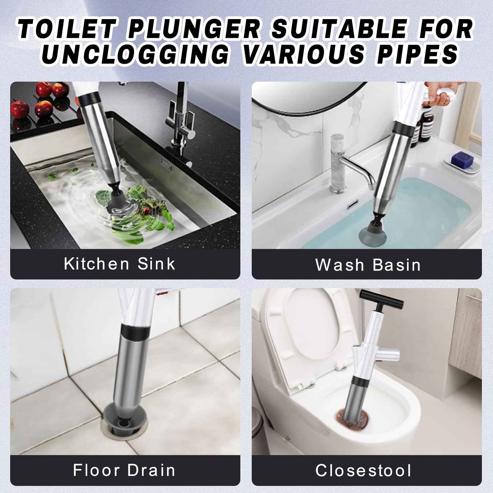 Toilet Plunger, High Pressure Air Plunger Drain Blaster with Visual Pressure Gauge, Drain Clog Removal Tool, Stainless Steel Toilet Unclogger Plungers for Bathrooms, Sinks, Kitchens, Clogged Pipe