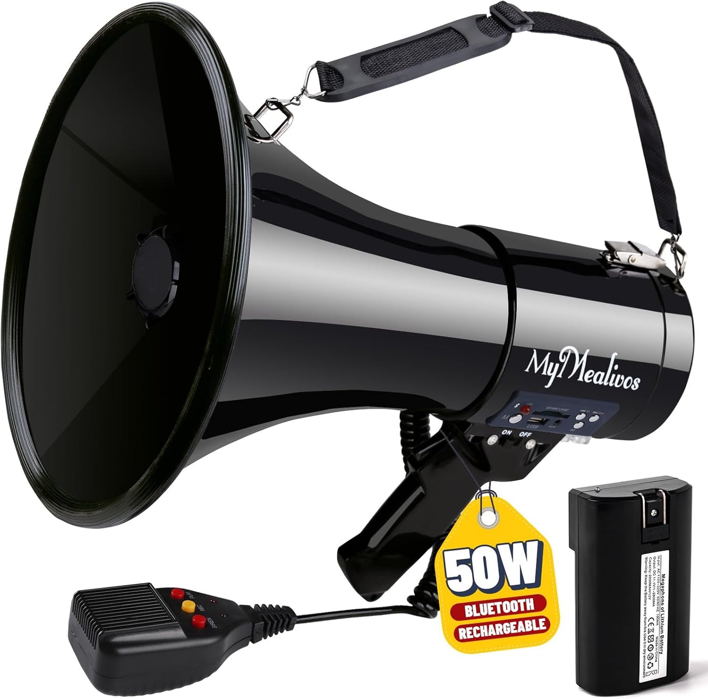 MyMealivos 50W Bluetooth Megaphone - Rechargeable Bullhorn with Siren & 240s Recording | 1600ft Range for Sports & Emergencies