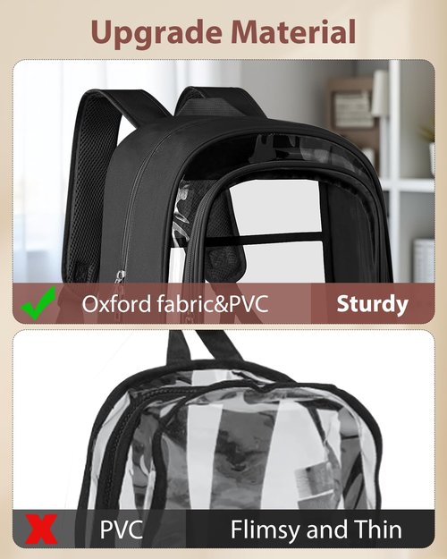 KIMNERPU Clear Backpack, Fabric & PVC Transparent Backpack with Reinforced Strap for Women Men, Heavy Duty Transparent Bookbag, Large Capacity Clear Bag, Travel, Security, Black