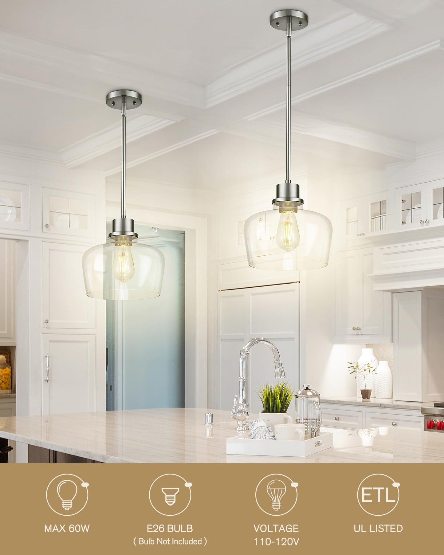 Emak 10 Inch Brushed Nickel Pendant Light, Modern Large Pendant Lights Kitchen Island, Hanging Lights with Clear Glass Shade for Kitchen, Dining Room, Entrance, PL126-BN-CG