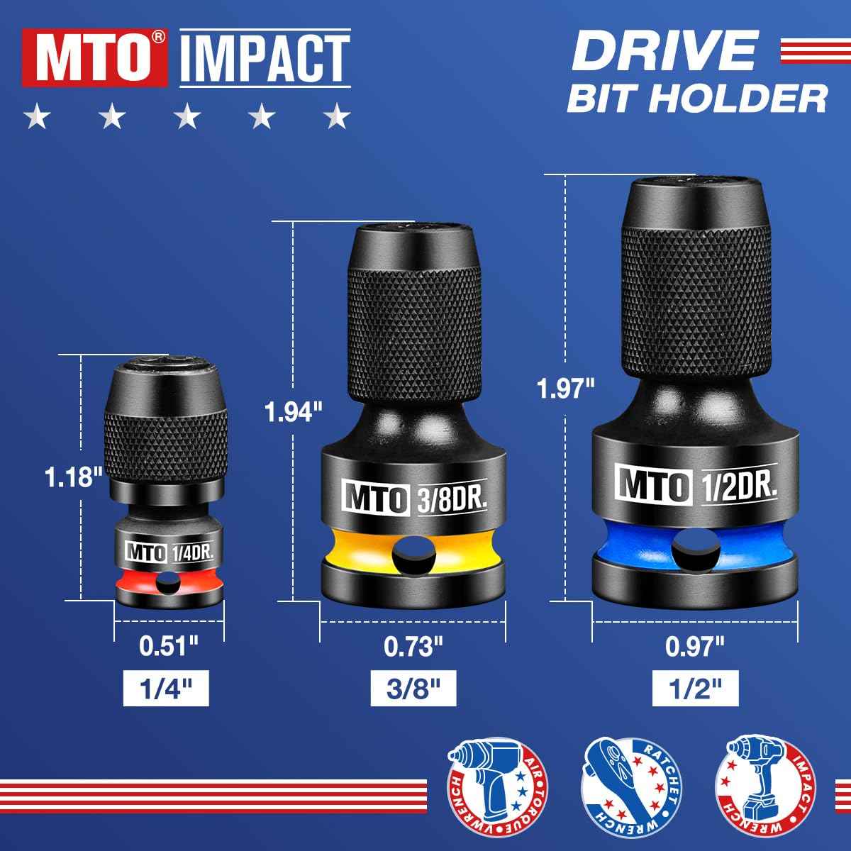 MTO 1/2 3/8 1/4-Inch Square Drive to 1/4-Inch Hex Socket Adapter, 3PCS Quick Release Impact Bit Holder, for Impact Wrench Ratchet, CR-MO