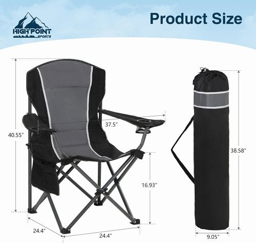 High Point Sports Oversized Camping Chair - Heavy Duty Portable Lawn Chair with Cup Holder, 350 LBS Support | 2 Pack, Gray-Black