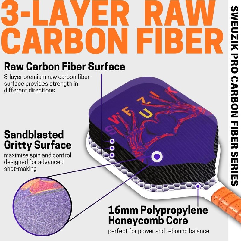 Raw Carbon Fiber Pickleball Paddles, High Perf Stylish Pickle Ball Paddle for Enhanced Spin & Control, 16mm PP Honeycomb Core Pickleball Rackets, Blue & Purple Pickleball Paddle, Pickleball Gift
