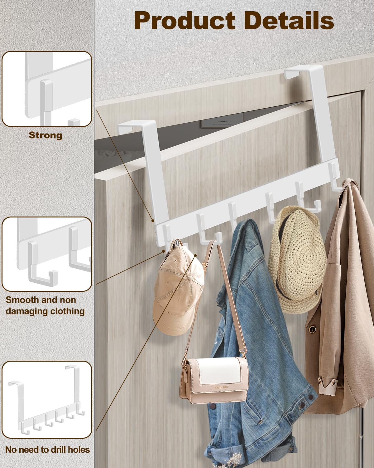 Peasulin Over The Door Hooks, Sturdy Door Hanger, Large Over The Door Towel Rack with 6 Hooks, Heavy Duty Easy to Install, for Bathroom, Bedroom，Kitchen，Hanging Towels, Coats (White).