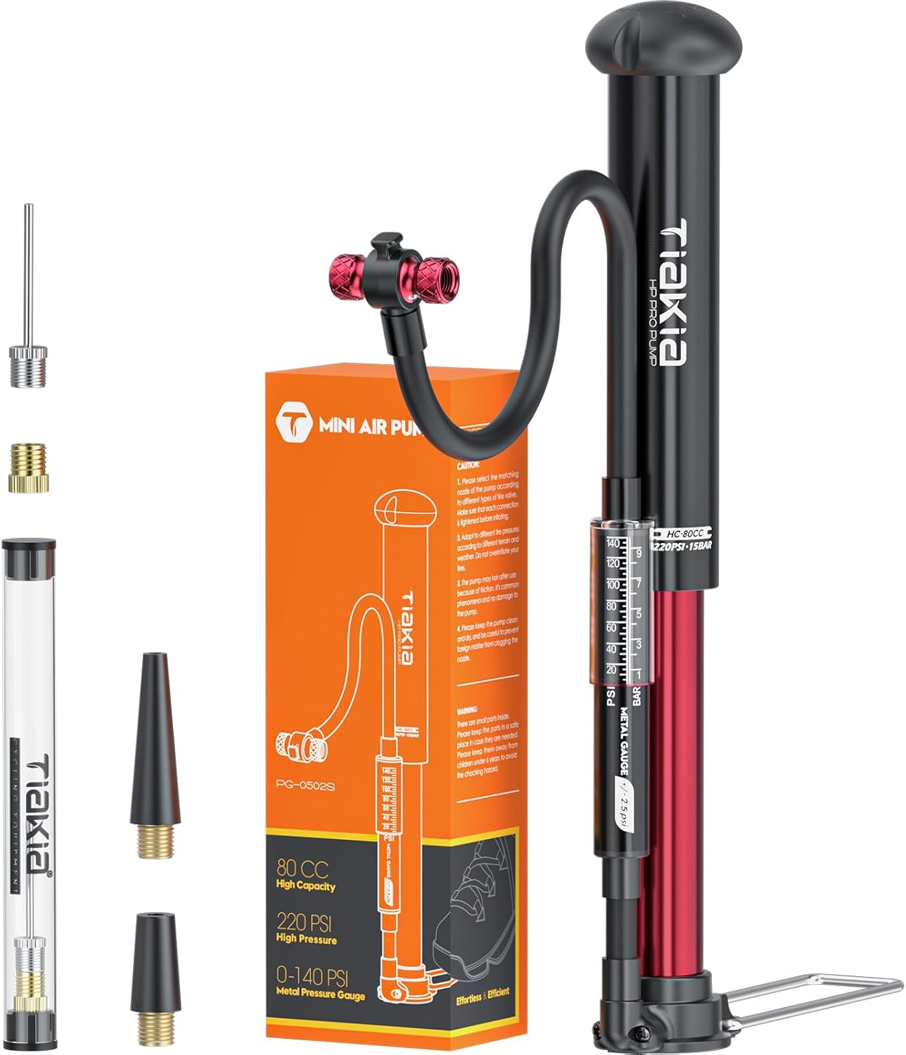 Tiakia High Pressure Bike Pump - Portable Hand Air Pump with Gauge for Presta & Schrader Valves | Aluminum Design