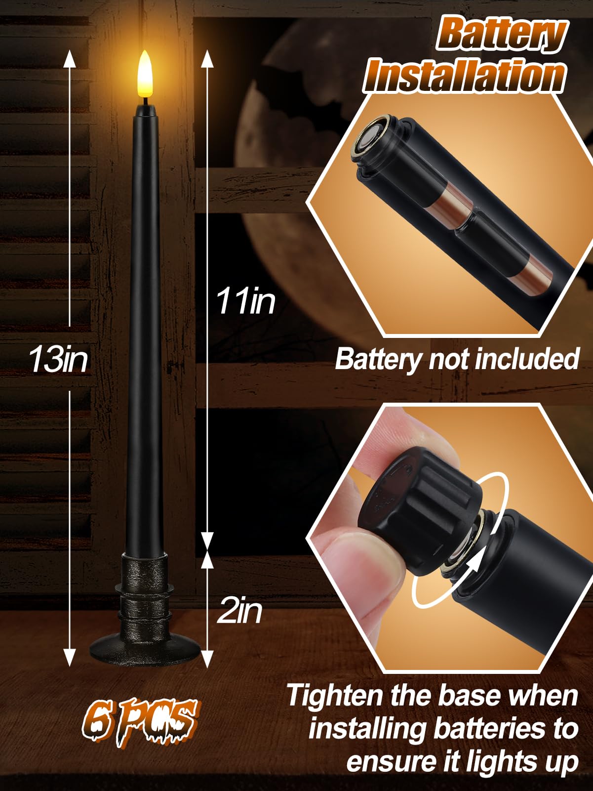 Black Halloween Flameless Candles with Timer & Bases - 6 Pack 13" LED Flickering Taper Candlesticks Battery Operated, Smokeless Dripless for Fireplace Table School Bar Halloween Decor