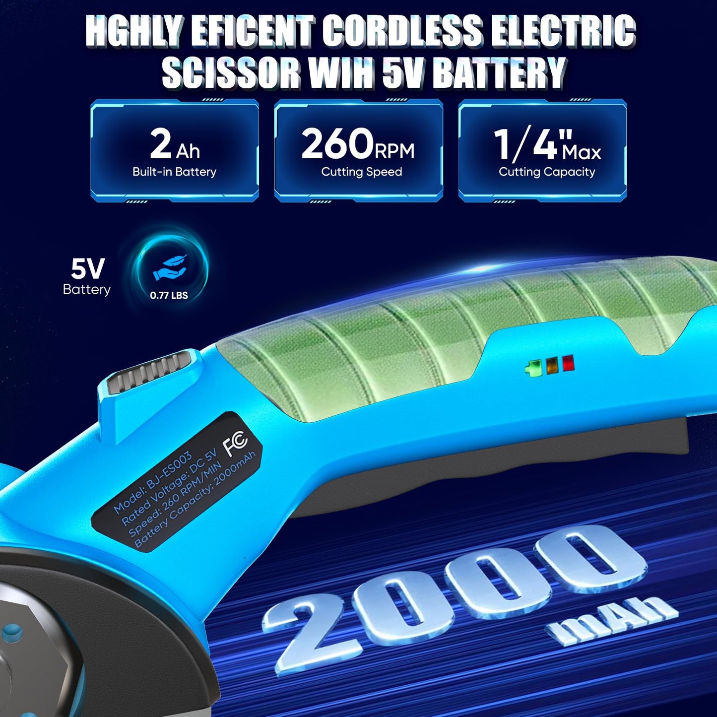 Cordless Electric Scissors, 5V Rechargeable Cardboard Box Cutter Heavy Duty Rotary Tool with Safety Lock & LED Light for Cardboard, Fabric, Box (Blue)