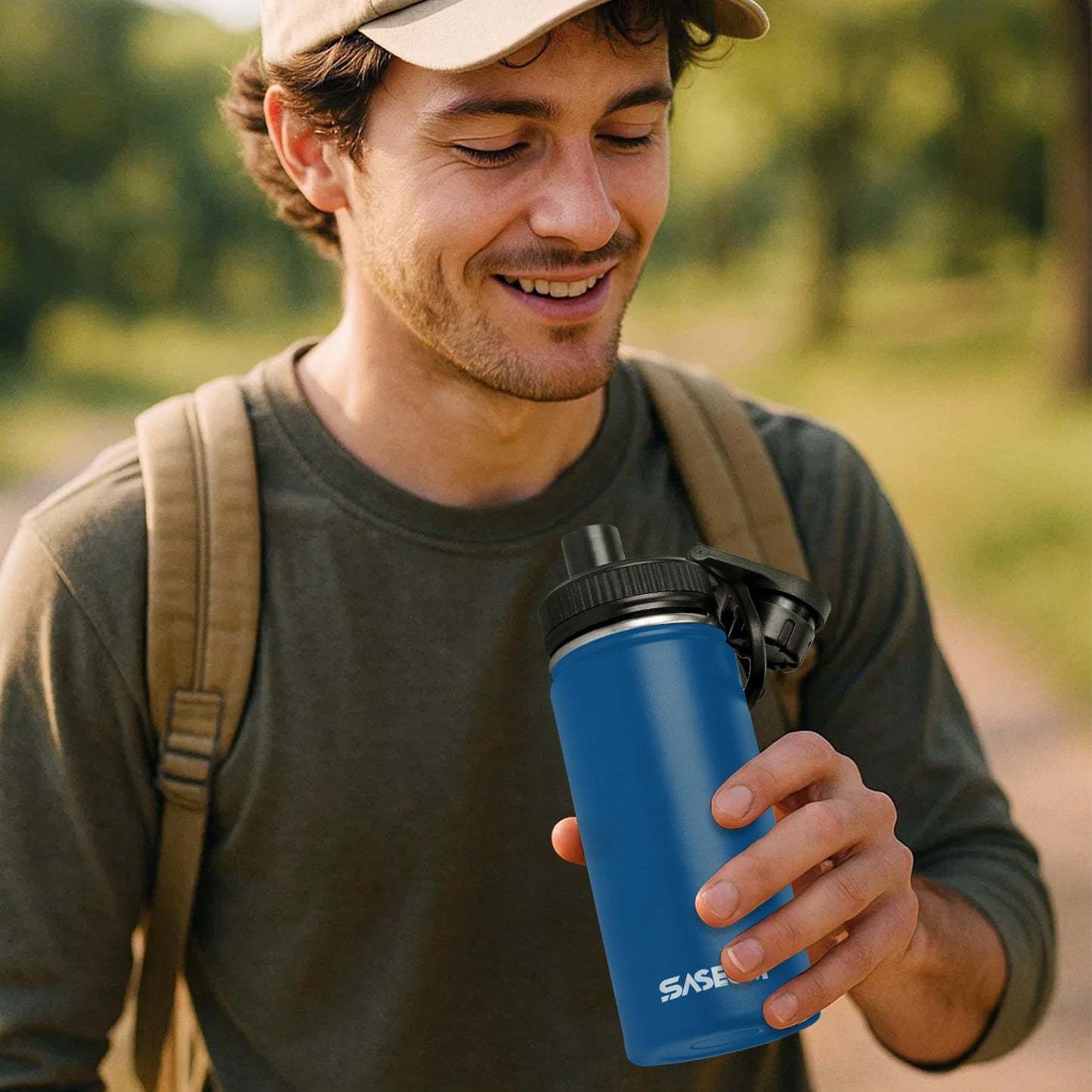 SASEUM Sport Water Bottle 22oz Stainless Steel Double Wall Vacuum Thermal Mug with Leak Proof Spout Lids, Wide Mouth Metal Insulated Water Jug for Gym and Travel（Navy）