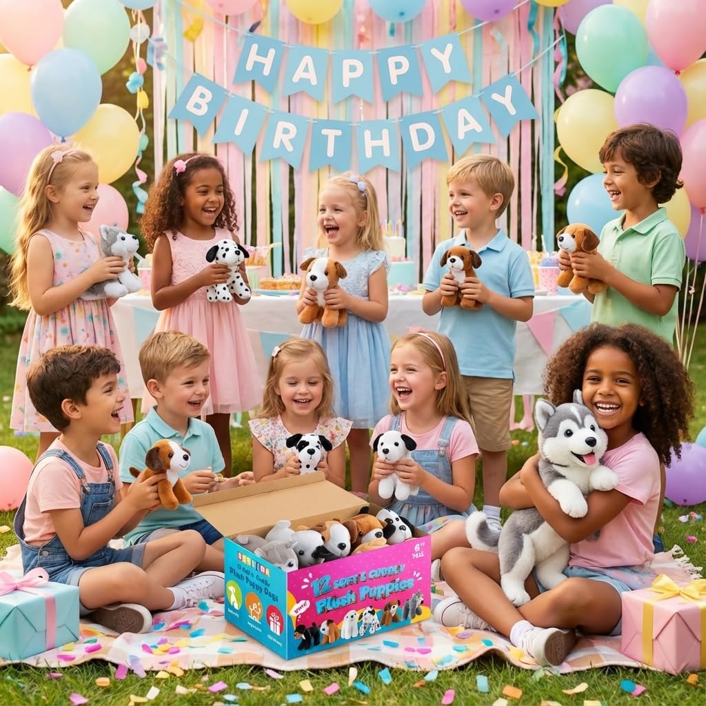 Bedwina Plush Puppy Dogs - (Pack of 12) 6 Inches Tall Small Stuffed Animals Bulk Assorted Puppies and Cute Stuffed Plushed Adopt-a-Puppy Dog Assortment Party Favors for Kids