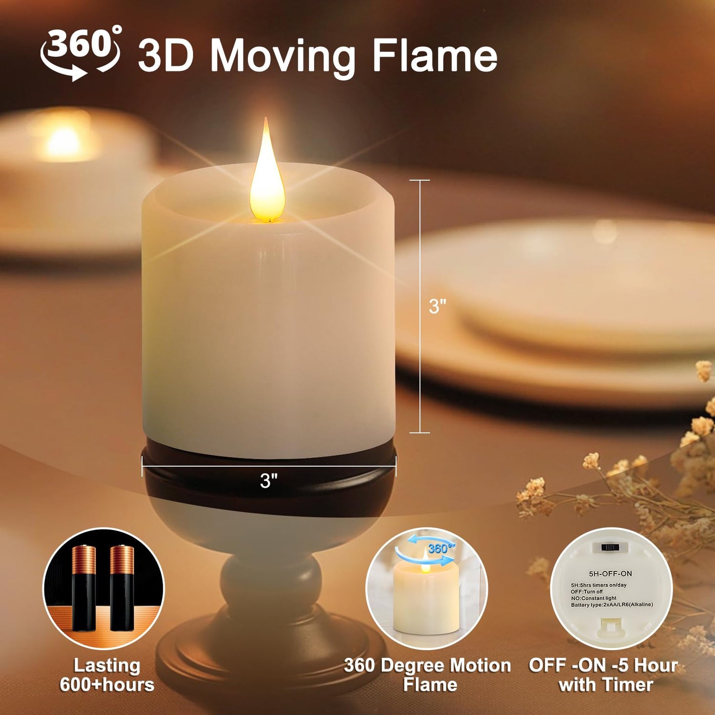 Flickering Flameless Candles, 3D Moving Flame Battery Operated Candles with Timer and Remote, Last 600+ Hours Flameless Candles, Fake Candles, Real Wax Pillar Electric LED Candle 3"x3" 2 Pack