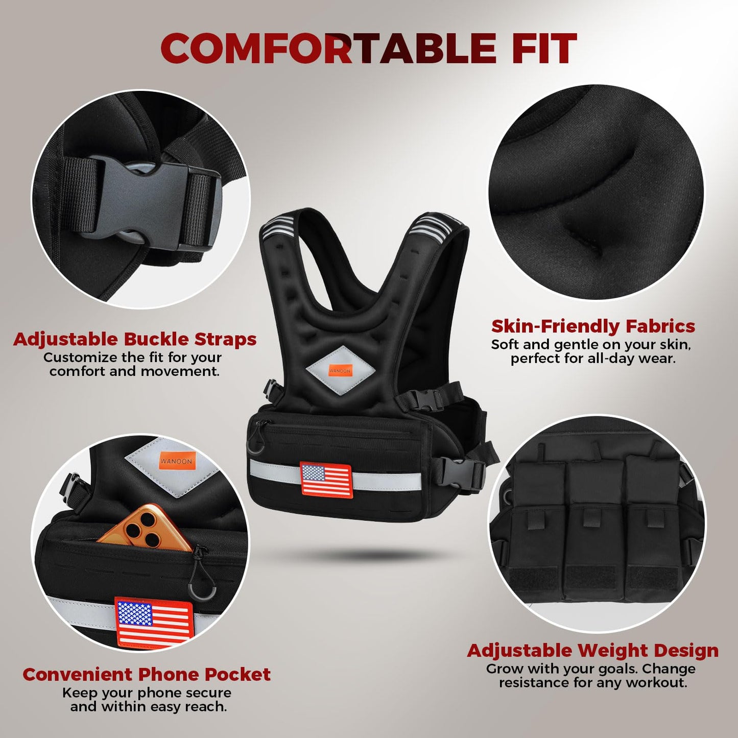 Adjustable Weighted Vest for Men & Women, 6-10lb/8-20lb/8-30lb, with Storage Pockets & Reflective Strips for Walking, Running, Rucking & Strength Training (Black, 8-20LB)
