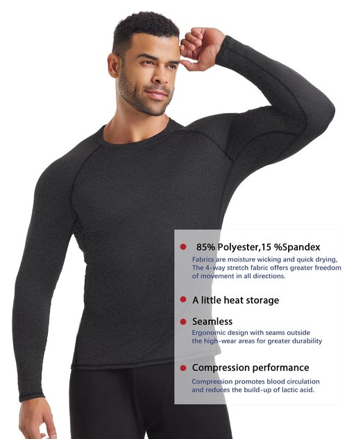 HovSiyla 3 Pack Men's Thermal Underwear Shirts Compression Fleece Lined Long Sleeve Athletic Base Layer Cold Weather Black Grey White L