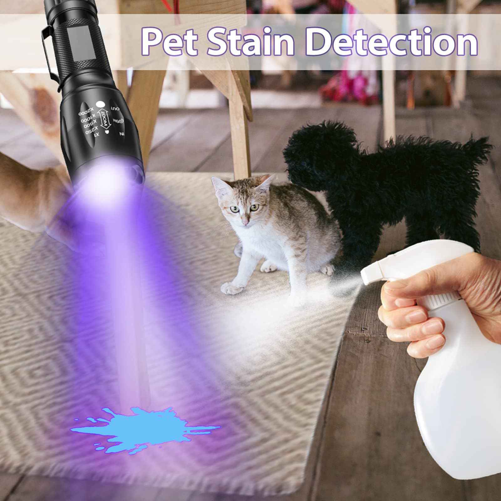 MOWETOO UV Flashlight, Portable Blacklight Flashlight, LED Torch with White and Ultraviolet Light Combo, Black Light Pet Urine Detector for Dog Cat Pee, ID Check, AC Leak, Bed Bug, Rocks, Resin