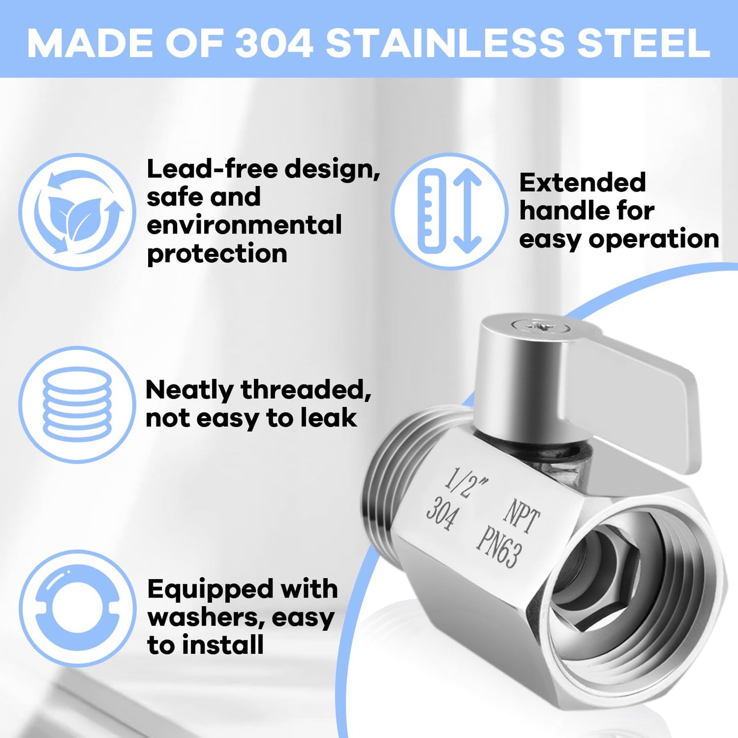 Shower Shut Off Valve, Shower Head Shut Off Valve with Handle Lever, 1/2" NPT Water Flow Control Valve, 304 Lead-Free Stainless Steel Mini Ball Valve Adjustable Water Pressure Regulator（1 Packs）