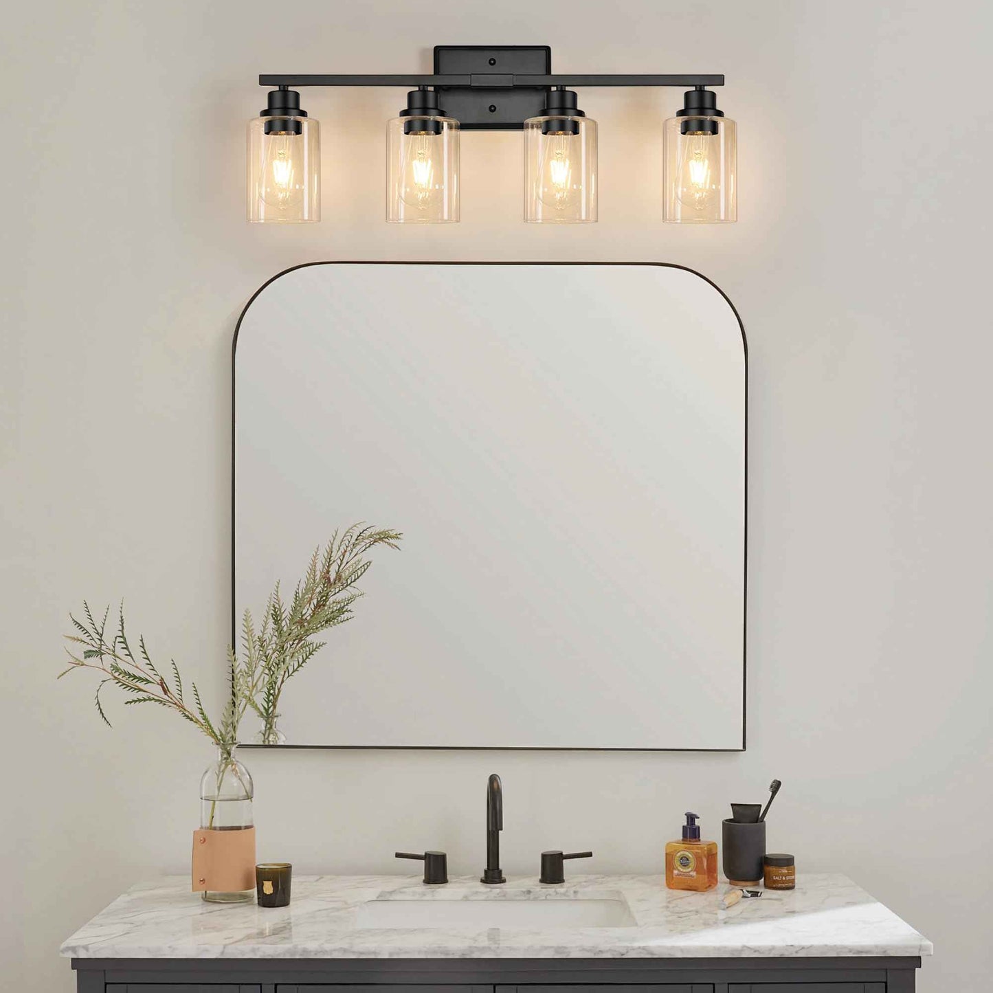 Unicozin Modern Bathroom Light Fixtures, 4 Light Vanity Lights Over Mirror, Black Wall Lamp with Clear Glass for Living Room Cabinet Bedroom Porch