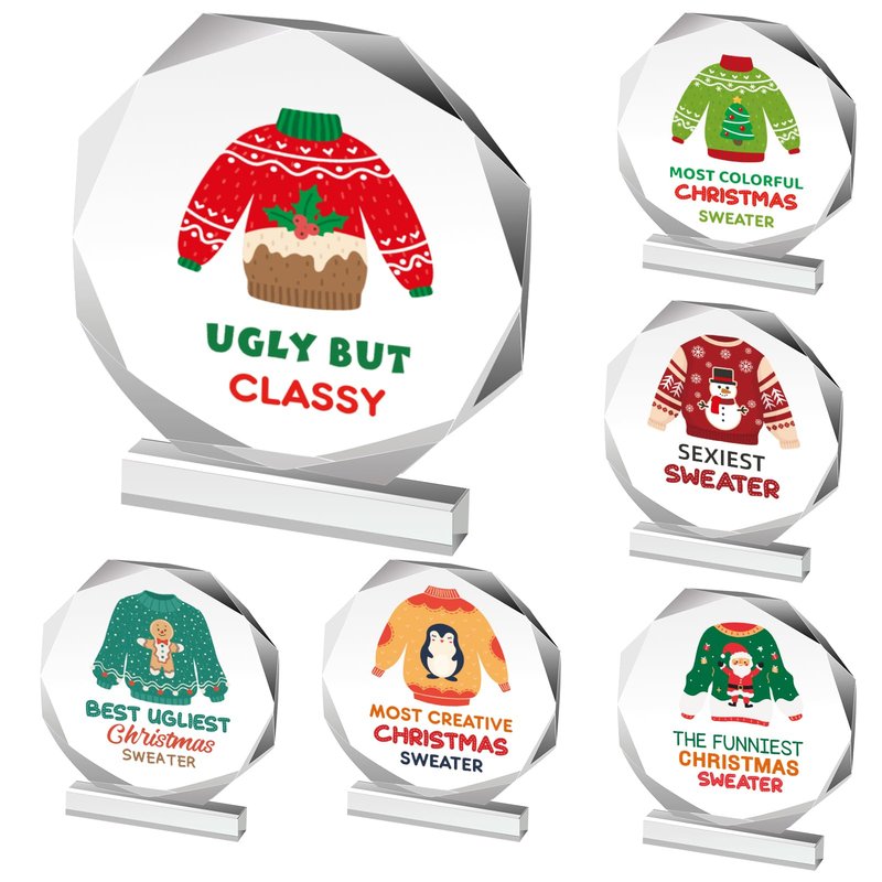 Barydat 6 Pcs Ugly Christmas Sweater Trophies 4.72 Inch Ugly Sweater Trophy Acrylic Ugly Sweater Contest Prizes for Xmas Winner Holiday Party Trophy Award Game Favors, 6 Styles