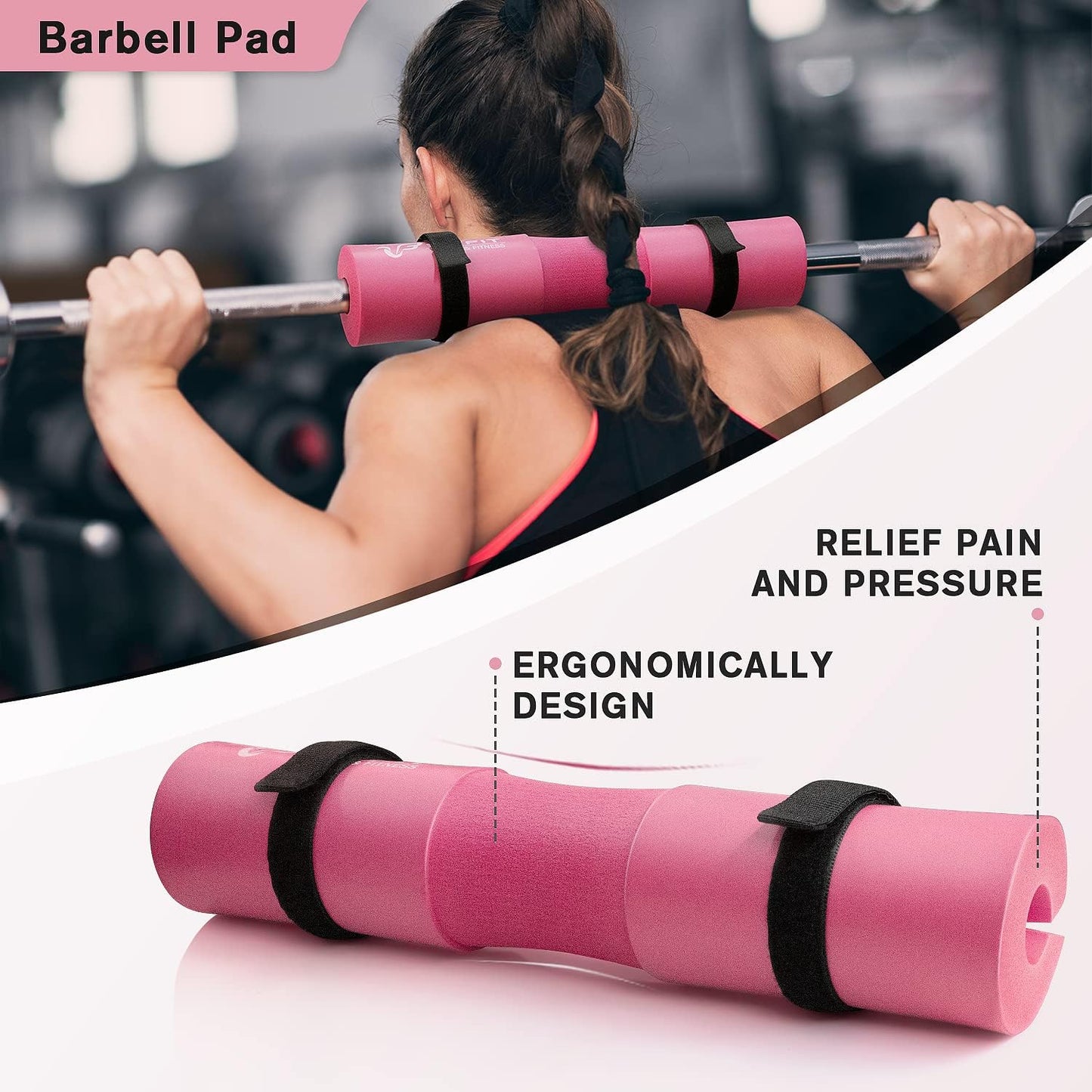 RitFit Barbell Squat Pad Set - 7 Pcs with Resistance Band & Safety Straps | Upgraded Neck & Shoulder Support (Pink/Black)
