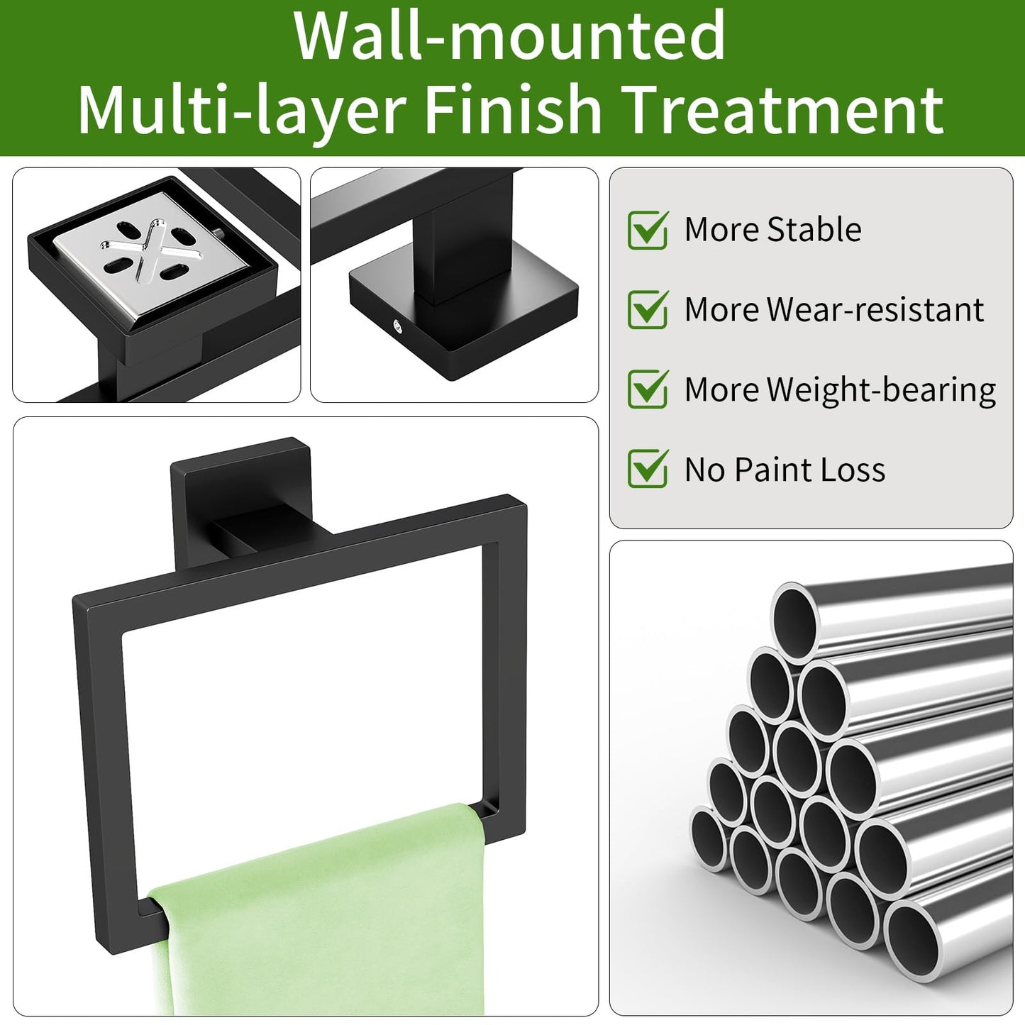 2 Pack Matte Black Hand Towel Holder, Stainless Steel Wall Mounted Hand Towel Holder for Bathroom, Modern Square Towel Ring for Bath, Kitchen, RV