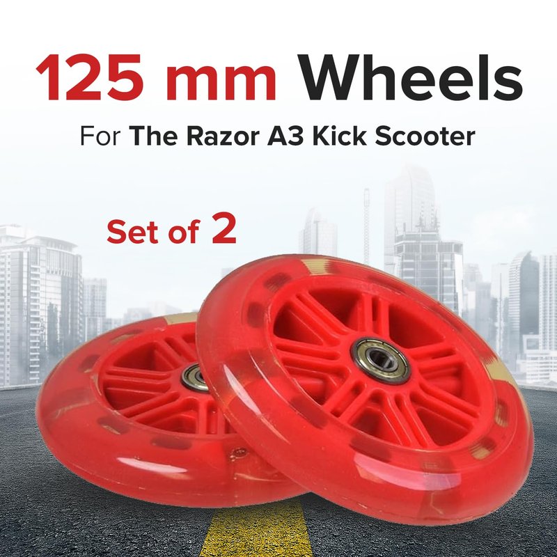 AlveyTech 125 mm Wheels for the Razor A3 Kick Scooter, Clear Wheel Red Hub (Set of 2)