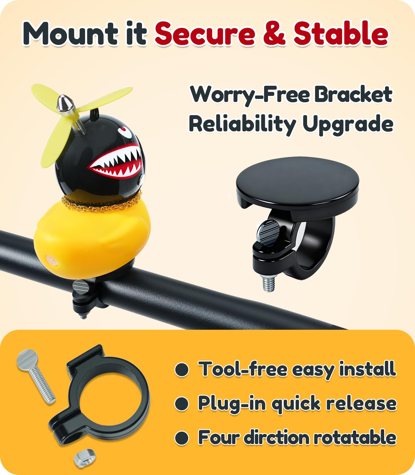 EMPATHECH Rubber Duck Bike Decorations Stable Clamp Mount Cute Duck Bike Bell Two Helmet Propeller Bike Accessories e Scooter Accessories Motorcycle Accessories Cycling Gifts Black Shark