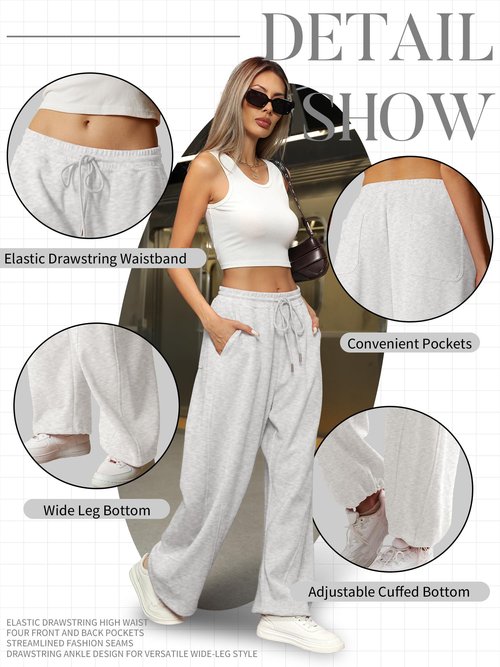 ELLEVEN Wide Leg Baggy Sweatpants Women Y2K Sweat Track Pants Drawstring High Elastic Waist Pockets Tall Long Oversized Open Cinch Bottom Athletic Joggers Workout Gym Yoga Light Grey Medium