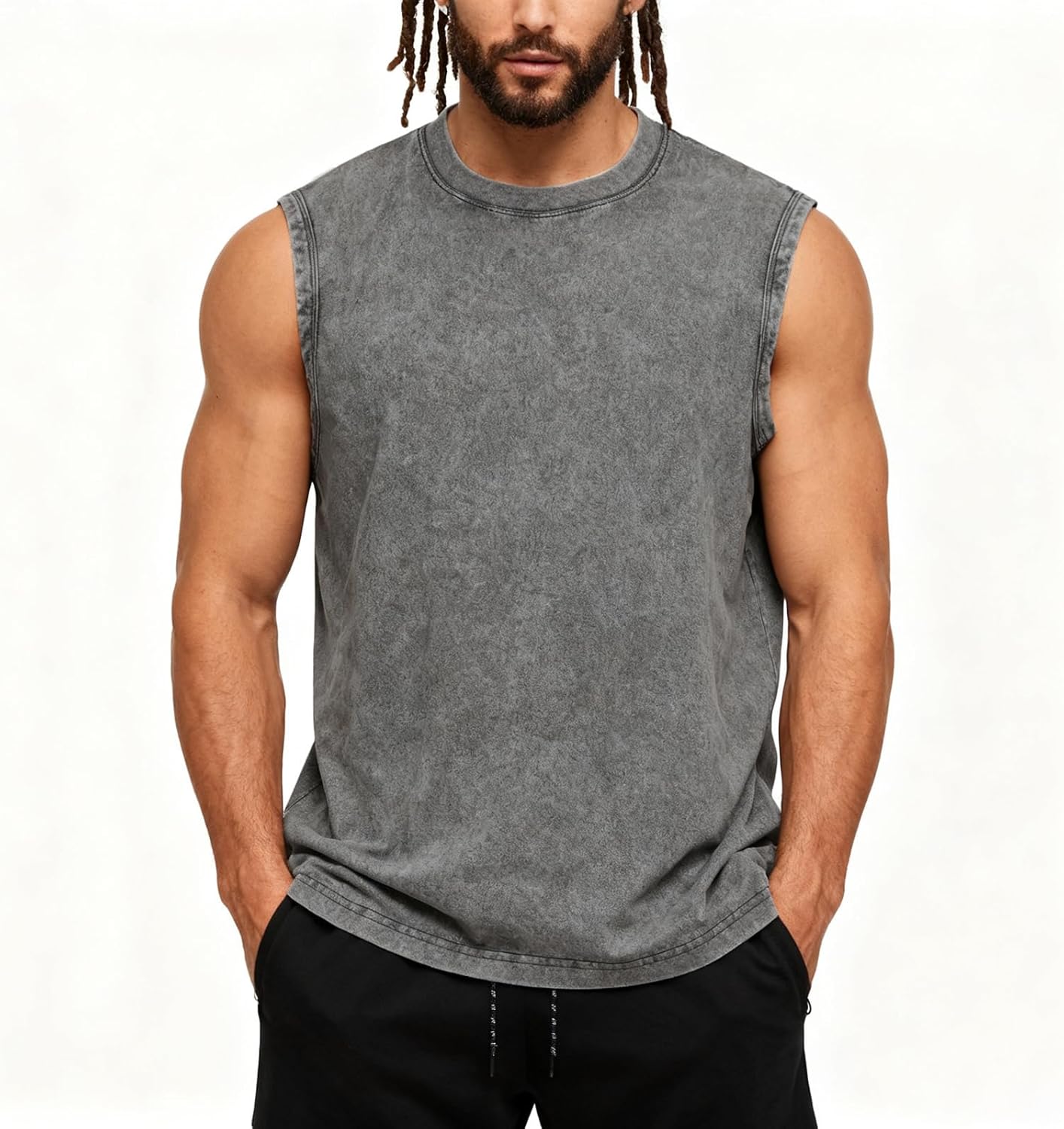 Skiennix Men's Muscle Tank Top - Sleeveless Cotton Gym Tee for Running | Acid Wash Design