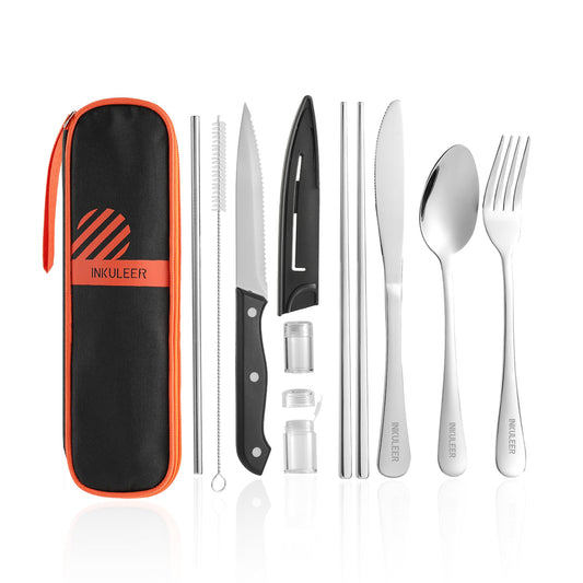 INKULEER Travel Cutlery, Portable Cutlery Set | Portable Silverware Set, 18/8 Stainless Steel Lunch Reusable Travel Cutlery Set, Fork and Spoon/Knife Set for Camping | Full-size camping cutlery set.