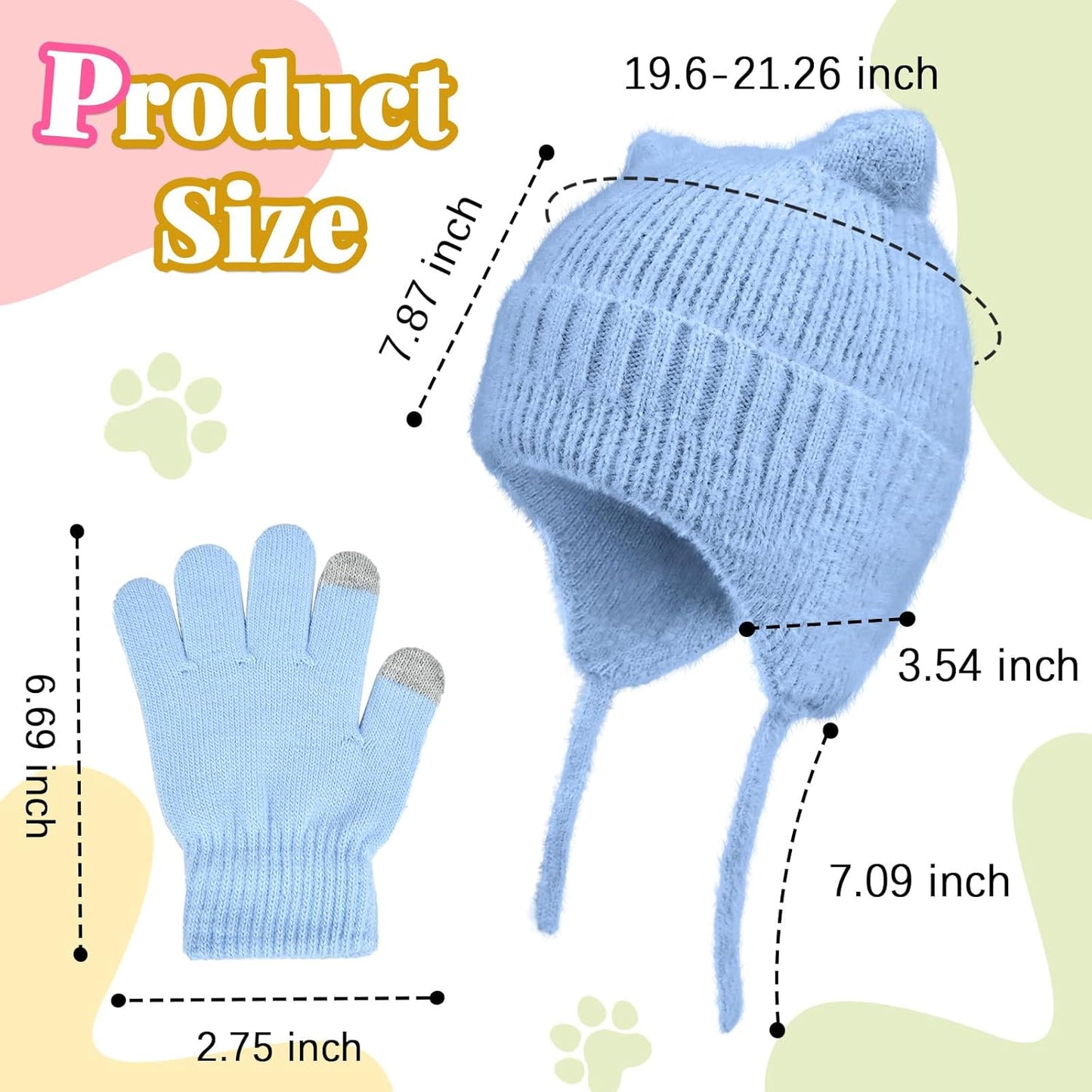 ZOORON Kids Winter Hat & Glove Set - Cat Beanie with Warm Ear Flaps | Knit Skull Cap for Ages 5-15